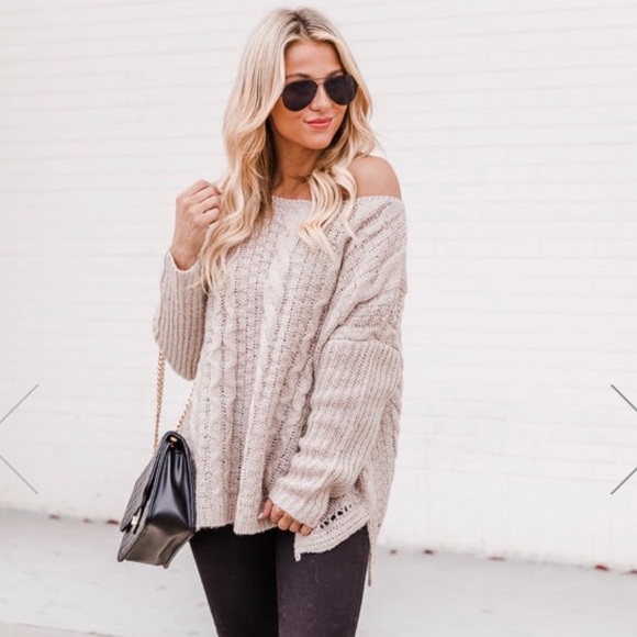 Pink Lily Sweaters - Taupe Cable Knit Sweater
